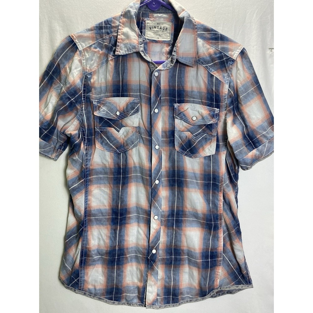 Western Pearl Snap BKE Mens Plaid Shirt Cotton Blend S Blue Orange